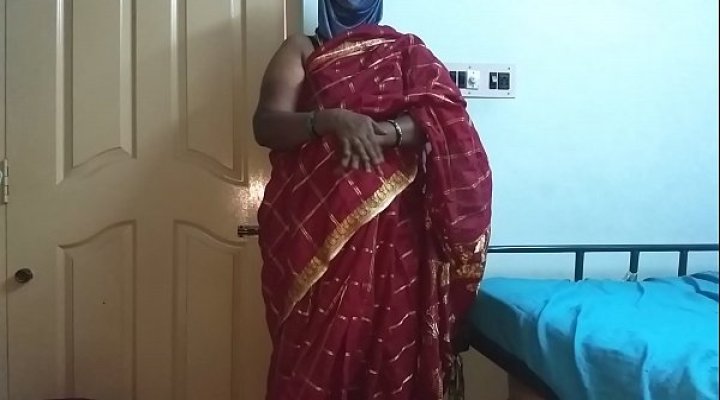 Desi  Indian Tamil Telugu Kannada Malayalam Hindi Horny Cheating Wife Vanitha Wearing Cherry Red Colour Saree Showing Big Boobs And Shaved Pussy Press Hard Boobs Press Nip Rubbing Pussy Masturbation