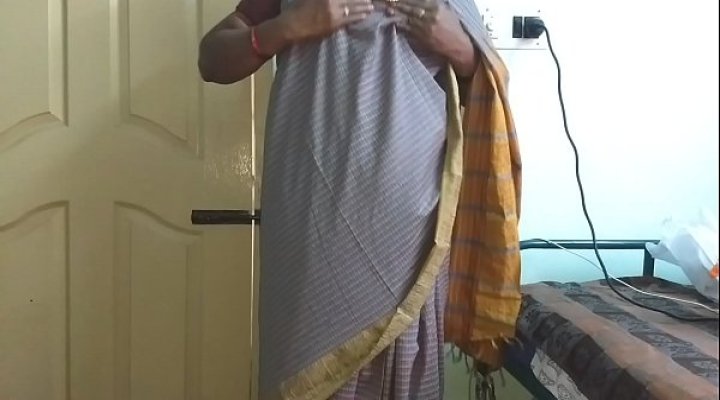Desi  Indian Tamil Telugu Kannada Malayalam Hindi Horny Cheating Wife Vanitha Wearing Grey Colour Saree  Showing Big Boobs And Shaved Pussy Press Hard Boobs Press Nip Rubbing Pussy Masturbation